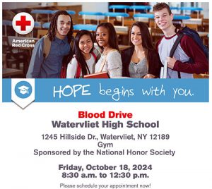 Red Cross Blood Drive flyer with date, time and location of blood drive