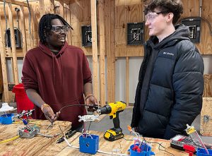 Two students talk with each other at the Capital Region BOCES Career and Technical Education Center in Albany